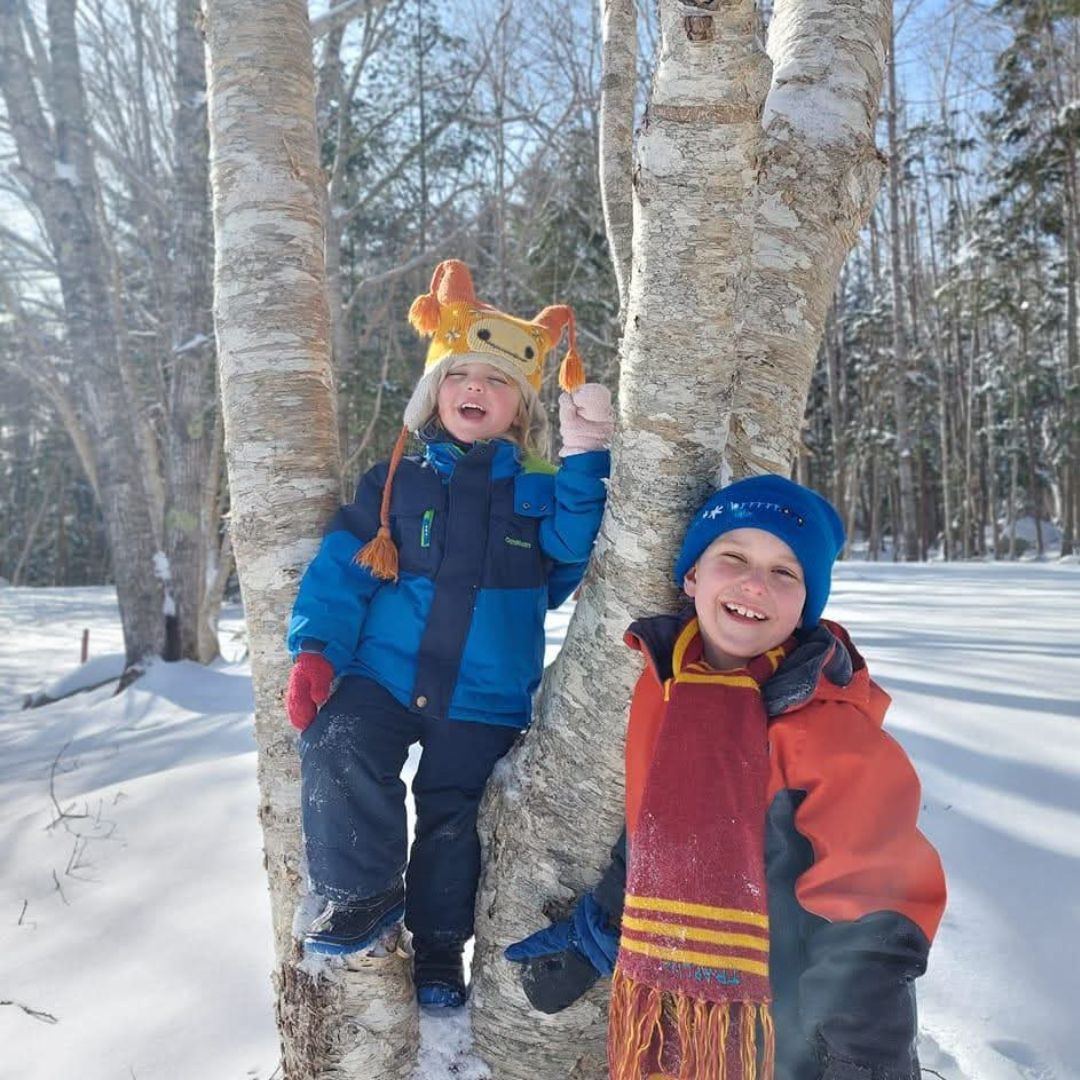 A younger boy in the tree with his bigger brother standing beside him.